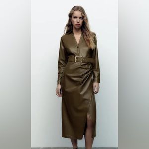 Zara Army Green Leather MIDI Dress, Size M